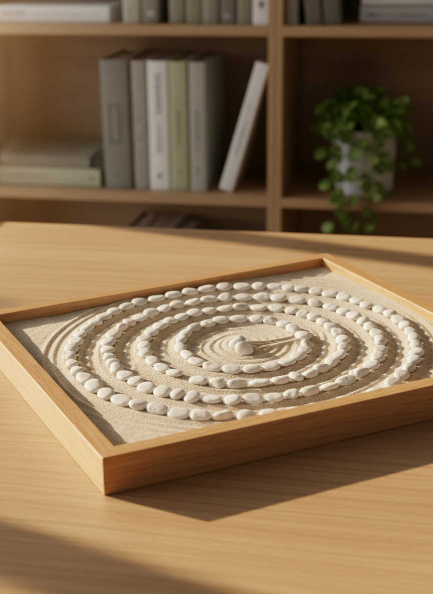 A high-resolution photographic image of a labyrinth made from smooth white stones arranged on fine sand, symbolizing the mind’s inner paths. The sand rests in a wide, shallow wooden tray placed on a minimalist desk with a light oak texture. In the softly blurred background, shelves with orderly books in muted covers and a small leafy plant suggest a quiet study space. Warm late-afternoon light filters from the side, creating gentle shadows between the stones and subtle highlights on the sand patterns. The composition is shot from a slightly elevated angle, with the labyrinth leading the eye inward, evoking reflection, self-knowledge, and calm mental exploration, in a clean, professional style.