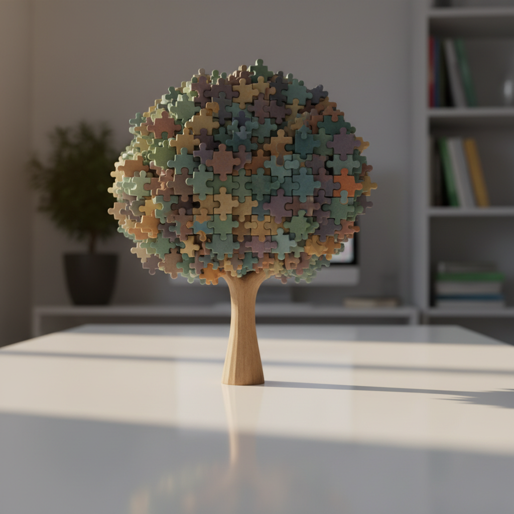 A realistic photographic image of a stylized tree made of interlocking puzzle pieces, each piece a different muted color, forming a cohesive canopy atop a simple wooden trunk. The tree sculpture stands on a smooth, matte white surface with a faint reflection beneath it. In the softly blurred background, subtle shapes suggest a home office or study area: a plant silhouette, a distant bookshelf, and the edge of a monitor. Soft morning light from the left creates gentle highlights on the puzzle edges and soft shadows on the surface. Shot at a slightly low angle, the composition emphasizes growth, integration of experiences, and personal development in psychology, with a clean, modern, hopeful mood.